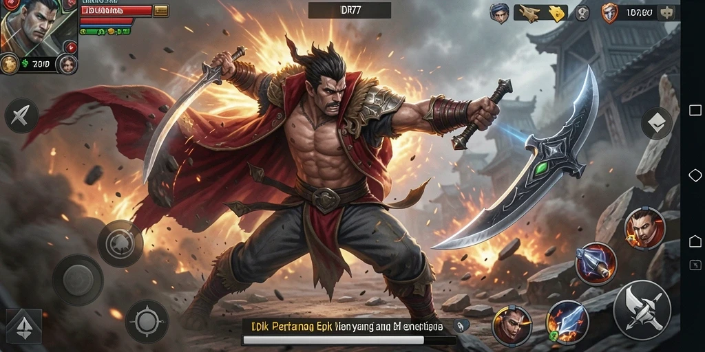 Tampilan gameplay menegangkan dalam pertarungan IDR77 yang menantang.