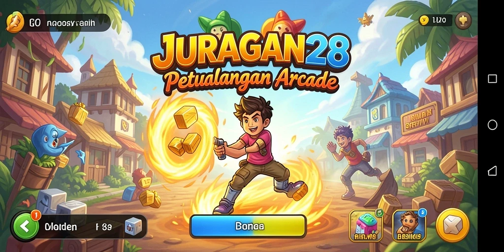 Tampilan gameplay seru dari JURAGAN28 dengan karakter yang beraksi di level penuh warna.