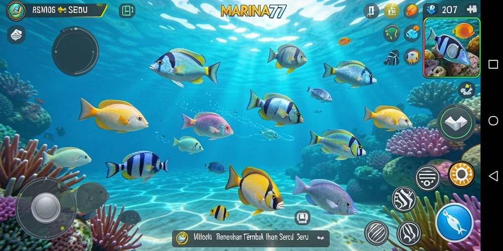 Tangkapan layar gameplay MARINA77 menampilkan aksi seru menangkap ikan.